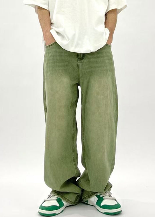 New Green Pockets High Waist Denim Pants Men Summer