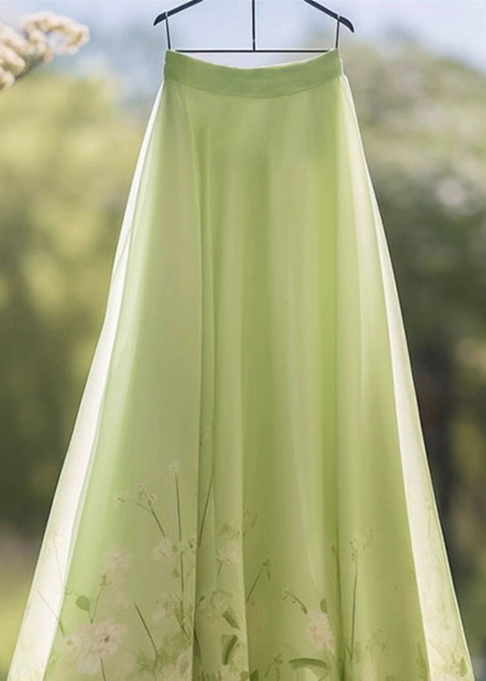 Neu Grün Drucken Hohe Taille Chiffon Rock Sommer
