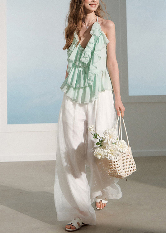 New Green Ruffled Chiffon Top And White Wide Leg Pants 2 Piece Outfit Summer