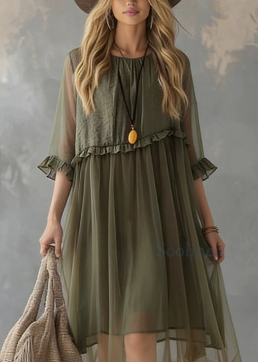 New Green Ruffled Tulle Patchwork Chiffon Dresses Summer