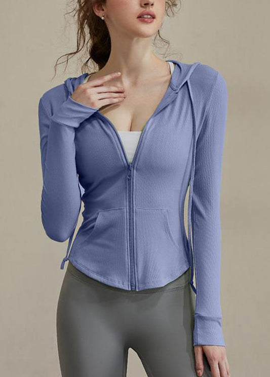 New Green Zippered Tie Lack Hooded Yoga Coats