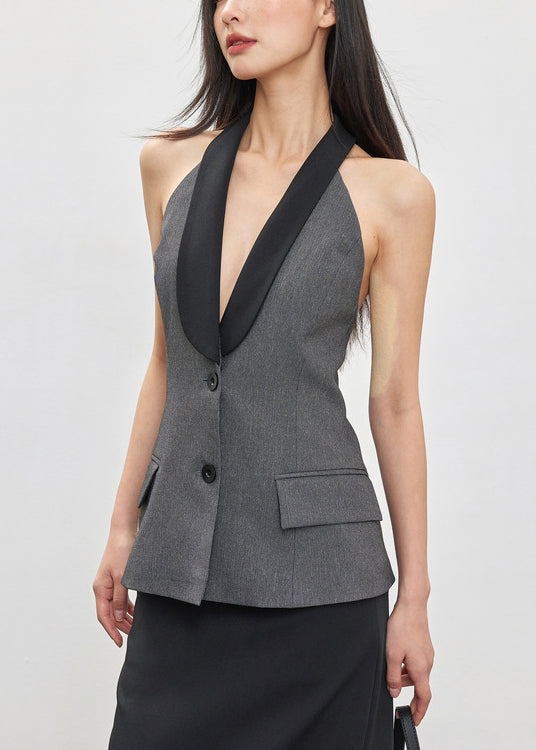 New Grey Backless Button Patchwork Spandex Tank Sleeveless