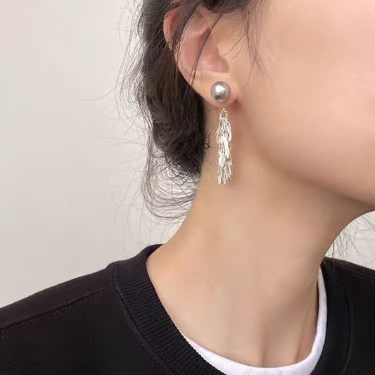 Nuevos pendientes colgantes con borlas de perlas plateadas y cobre gris