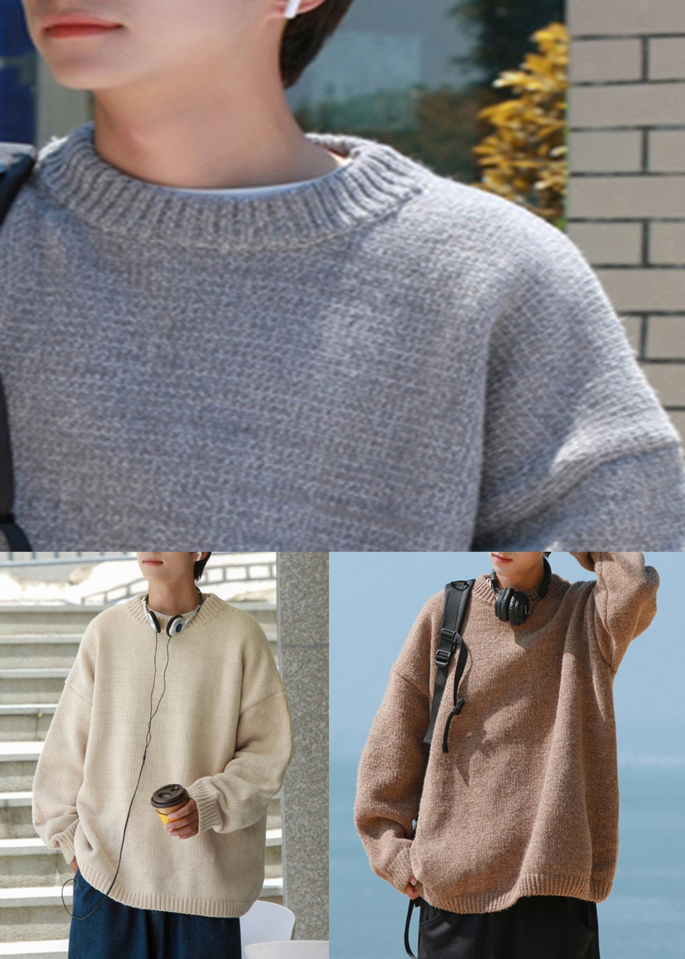 New Grey Cozy Solid Men Pullover Sweater Casual Clothing