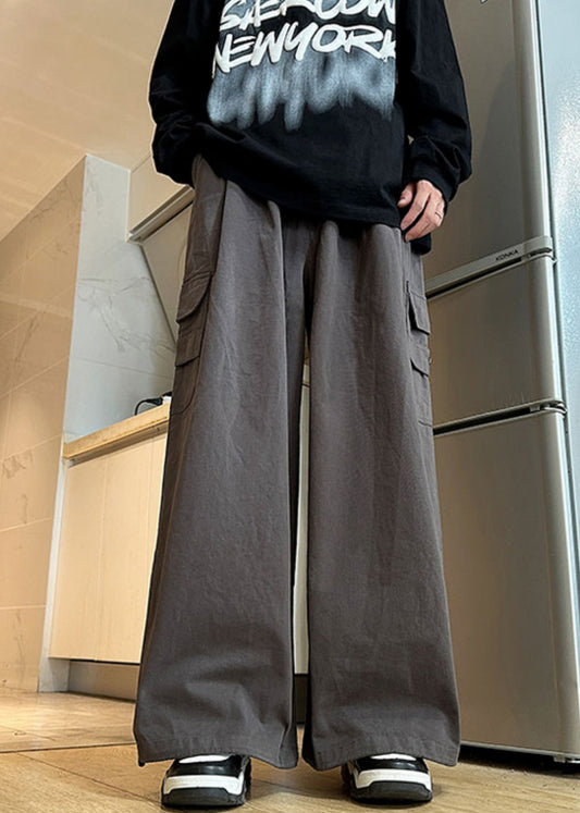 New Grey Pockets Elastic Waist Cotton Mens Pants Summer