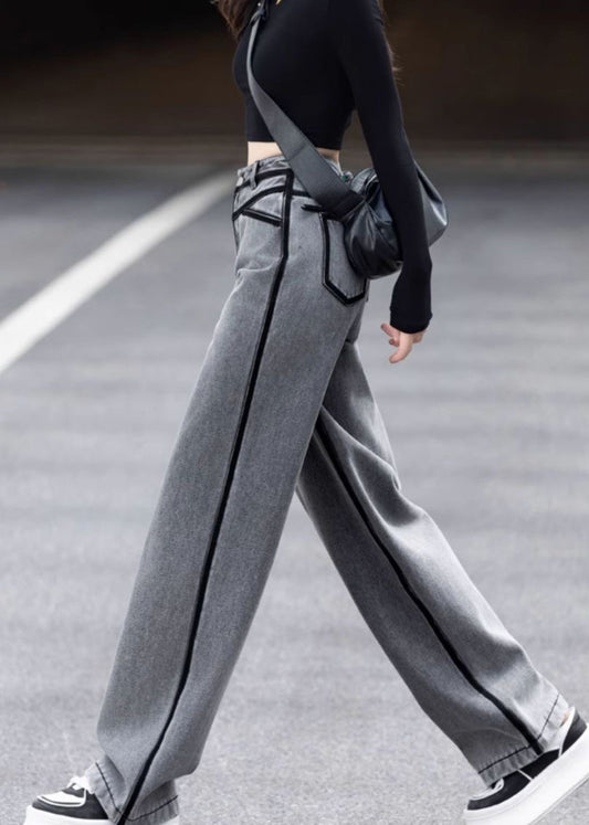 New Grey Pockets Striped Patchwork Denim Pants Spring