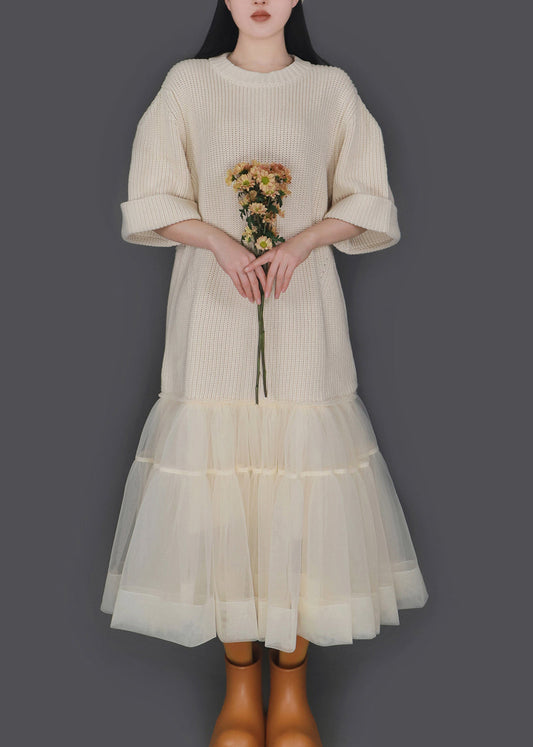 Nuevo vestido caqui de algodón tejido con patchwork de tul y cuello redondo, media manga