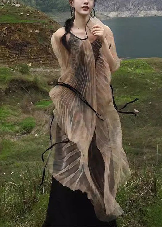 Neu Khaki Faltig Lace Up Tüll Zwei Stücke Set Langarm