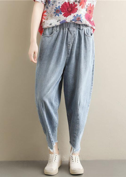 New Korean retro trousers elastic waist light blue jeans summer - SooLinen