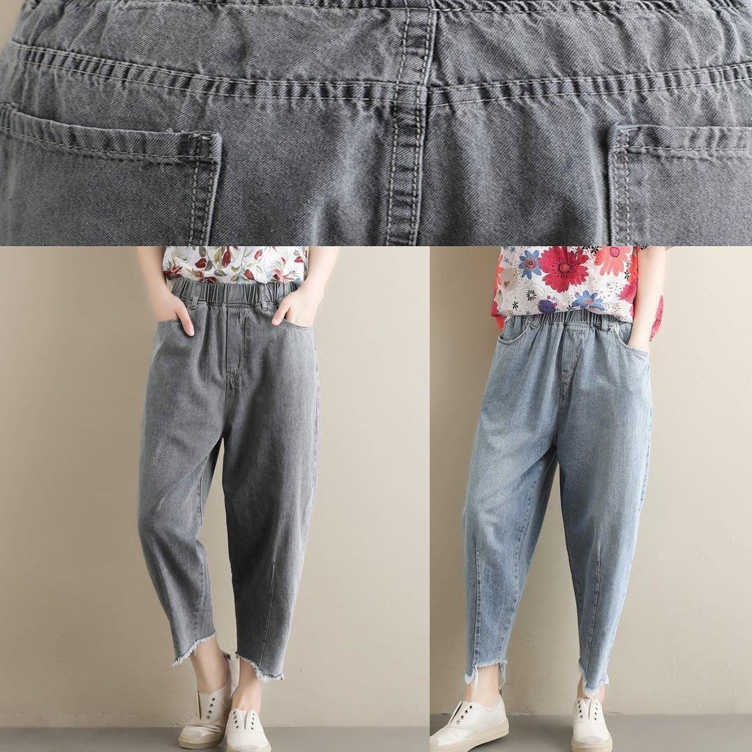 New Korean retro trousers elastic waist light blue jeans summer - SooLinen