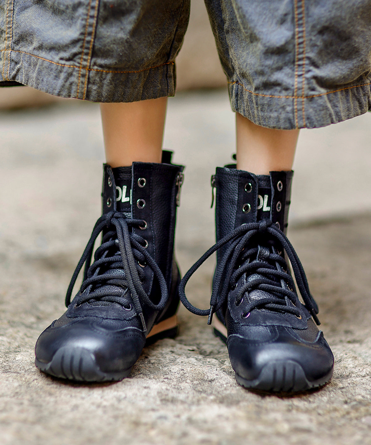 New Lace Up Splicing Boots Black Cowhide Leather Fuzzy Wool Lined