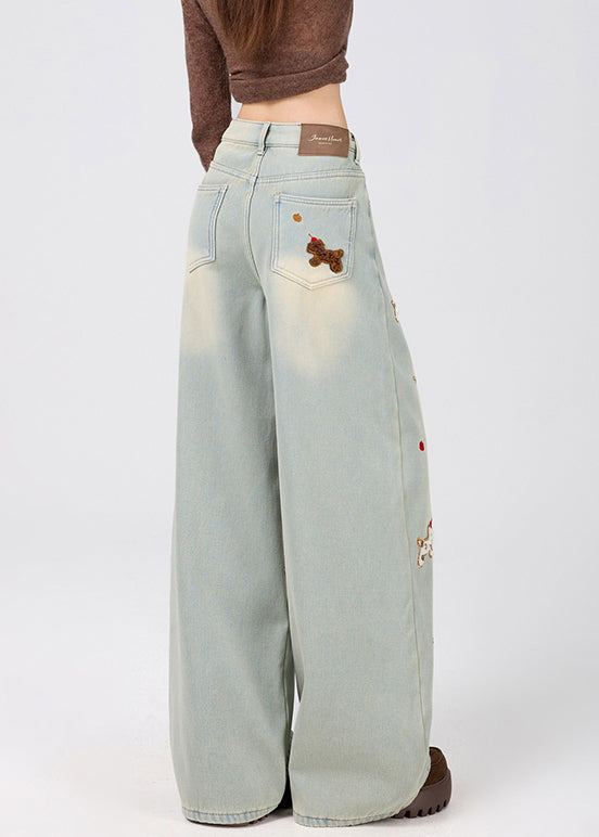 New Light Blue Animal Pockets Warm Fleece Denim Wide Leg Pants Spring