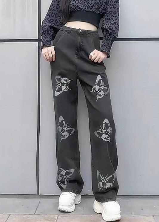Neue hellblaue Jeans mit Schmetterlingsmuster und weitem Bein