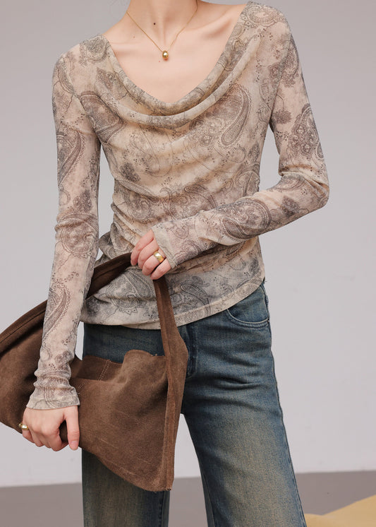 New Light Coffee Printed Irregular T-Shirt Top With Long Sleeves