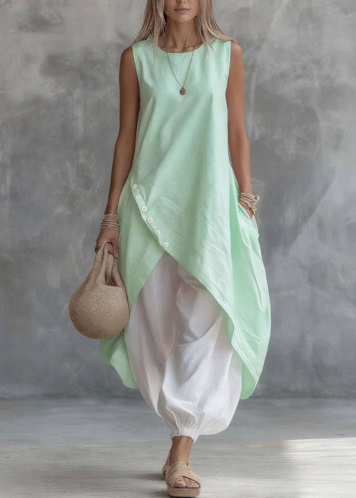 New Light Purple O Neck Asymmetrical Design Pockets Cotton Dress Sleeveless