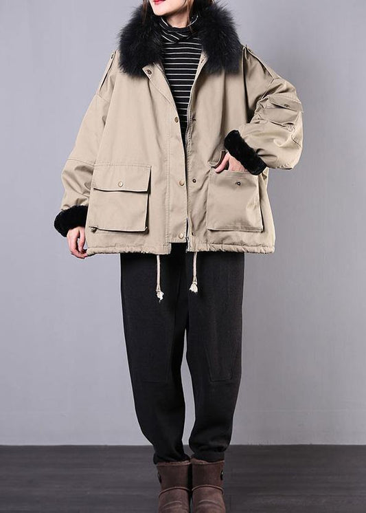 New Loose fitting snow jackets pockets winter coats khaki faux fur collar casual outfit - SooLinen