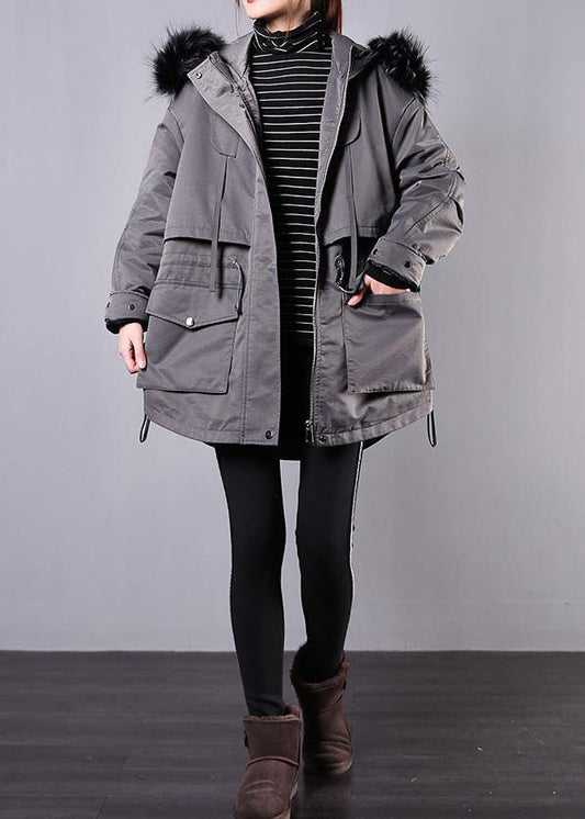 New Loose fitting winter coats gray hooded fur collar women parka - SooLinen