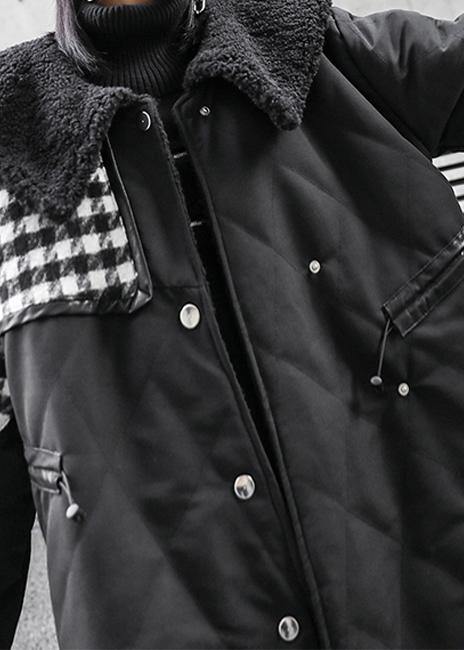 New Loose fitting winter jacket overcoat black patchwork plaid Sailor Collar coat - SooLinen