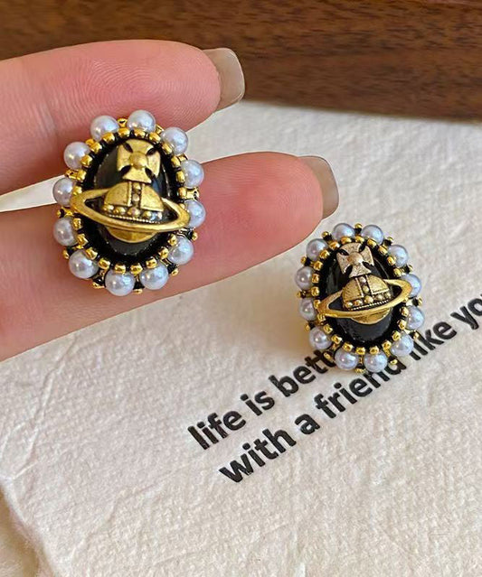 New Luxury Black Metal Pearl Stud Earrings
