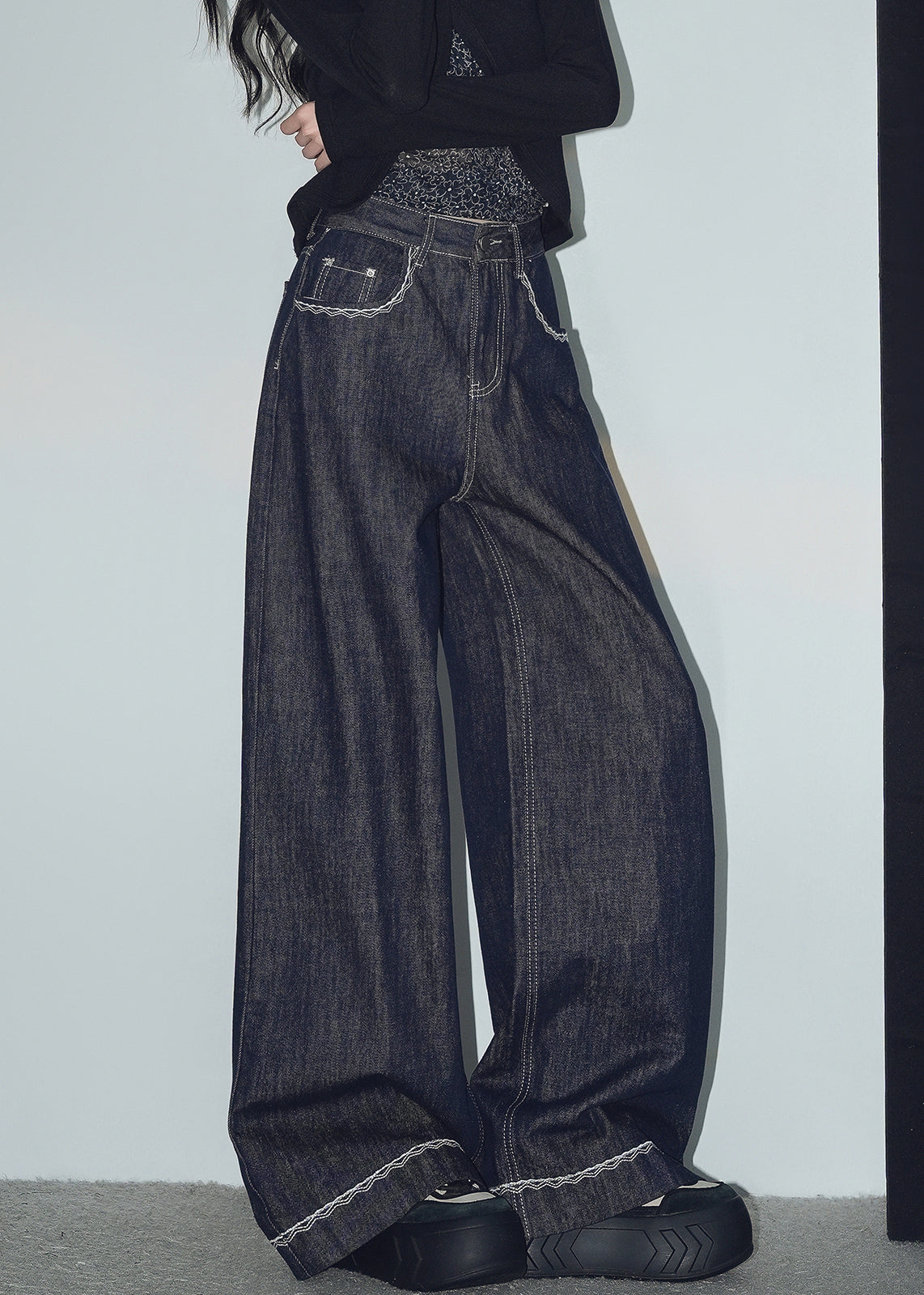 New Navy Original Design Pockets Denim Wide Leg Pants Spring