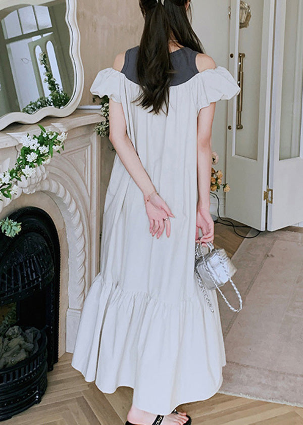 New Off The Shoulder Puff Sleeve Wrinkled Patchwork Cotton Dress