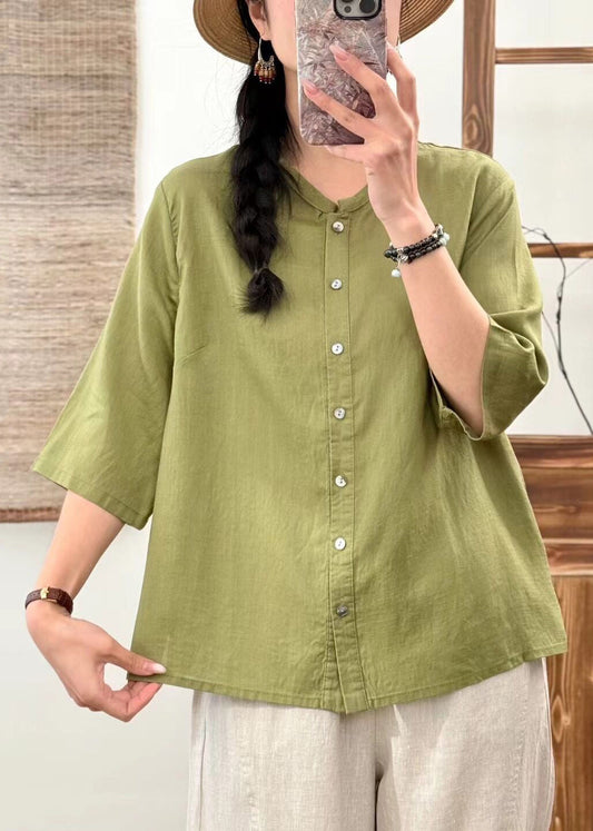 New Orange O Neck Button Solid Linen Blouse Half Sleeve