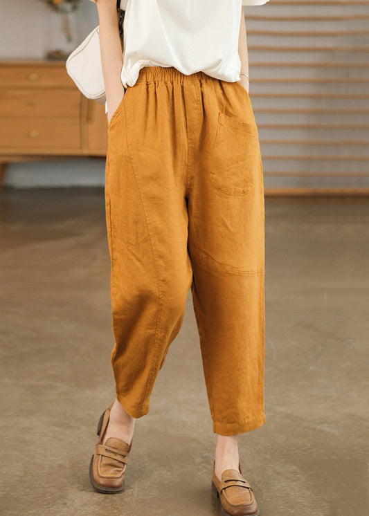 New Orange Pockets Elastic Wais Patchwork Cotton Summer Crop Pants