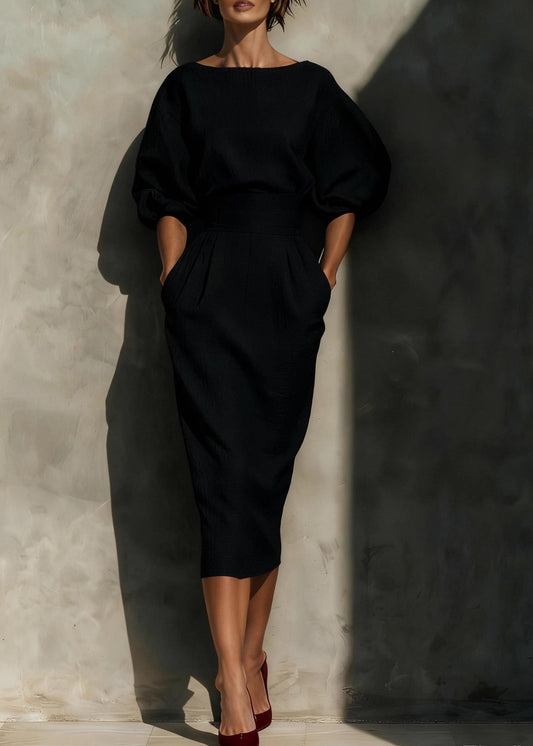 New Orange Pockets Puff Sleeve Cotton Long Dresses