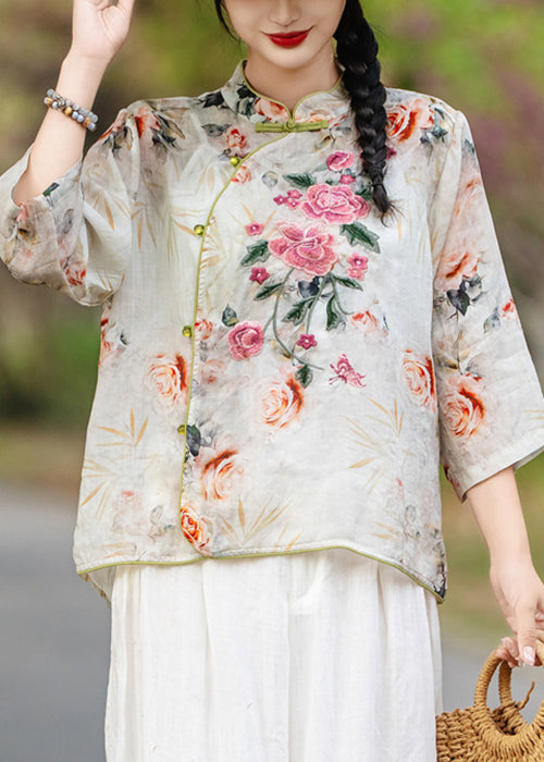 New Orange Stand Collar Print Linen Shirts Fall