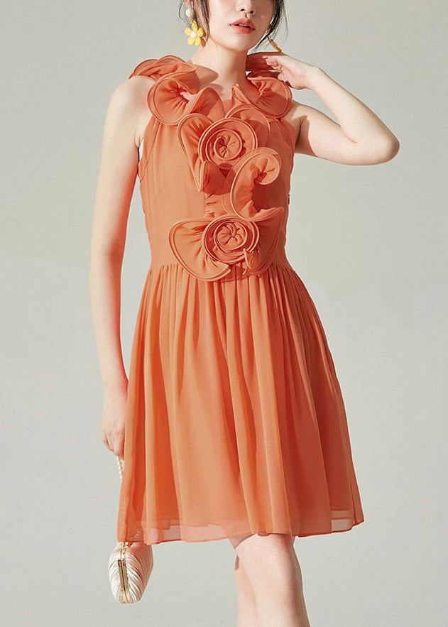Neu Orange Falten Solid Chiffon Midi Kleid Ärmellos