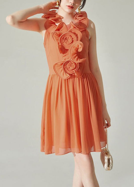 Neu Orange Falten Solid Chiffon Midi Kleid Ärmellos