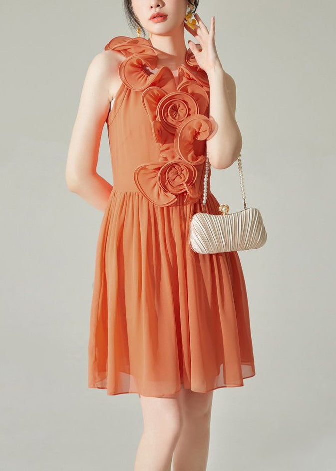 Neu Orange Falten Solid Chiffon Midi Kleid Ärmellos