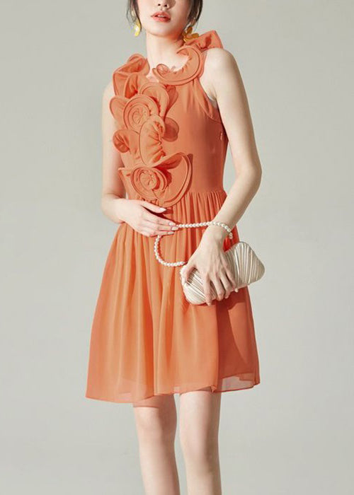 Neu Orange Falten Solid Chiffon Midi Kleid Ärmellos