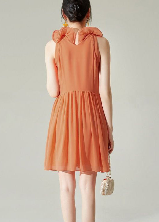 Neu Orange Falten Solid Chiffon Midi Kleid Ärmellos