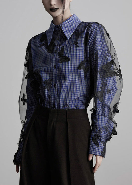 New Peter Pan Collar Plaid Butterfly Embroidered Cotton Blouses Spring