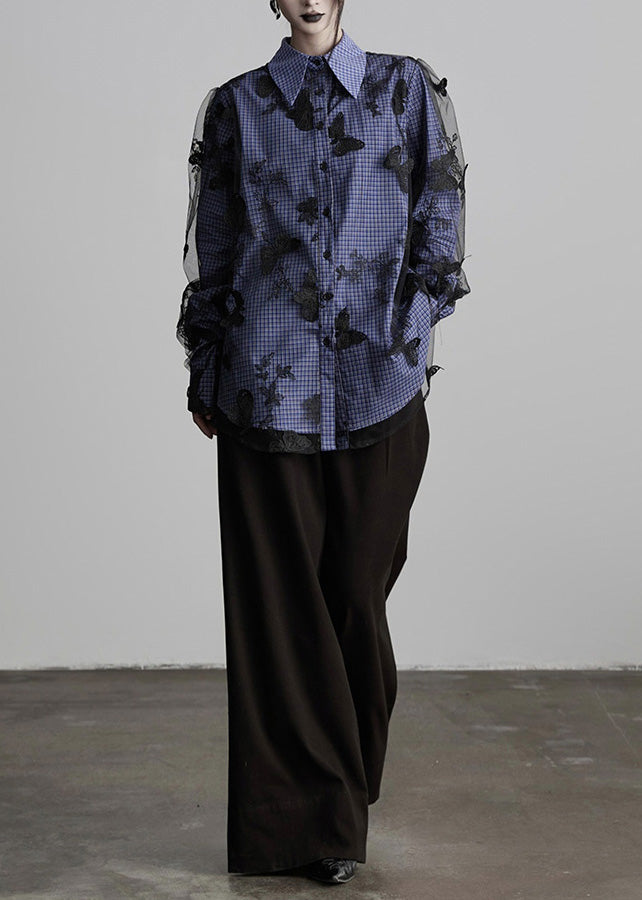 Nuevas blusas de algodón con cuello Peter Pan, cuadros y mariposas bordadas para primavera