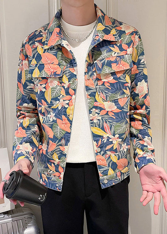 New Peter Pan Collar Print Pockets Denim Mens Coats Fall