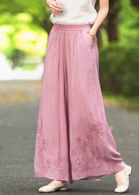 New Pink Embroidered Elastic Waist Silk Wide Leg Pants Summer