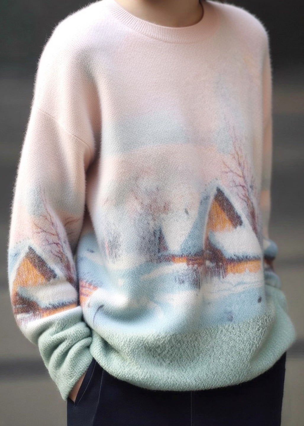 New Pink O Neck Print Cozy Warm Knit Sweater Winter