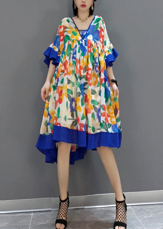 New Pink Print Patchwork Chiffon Dress Butterfly Sleeve