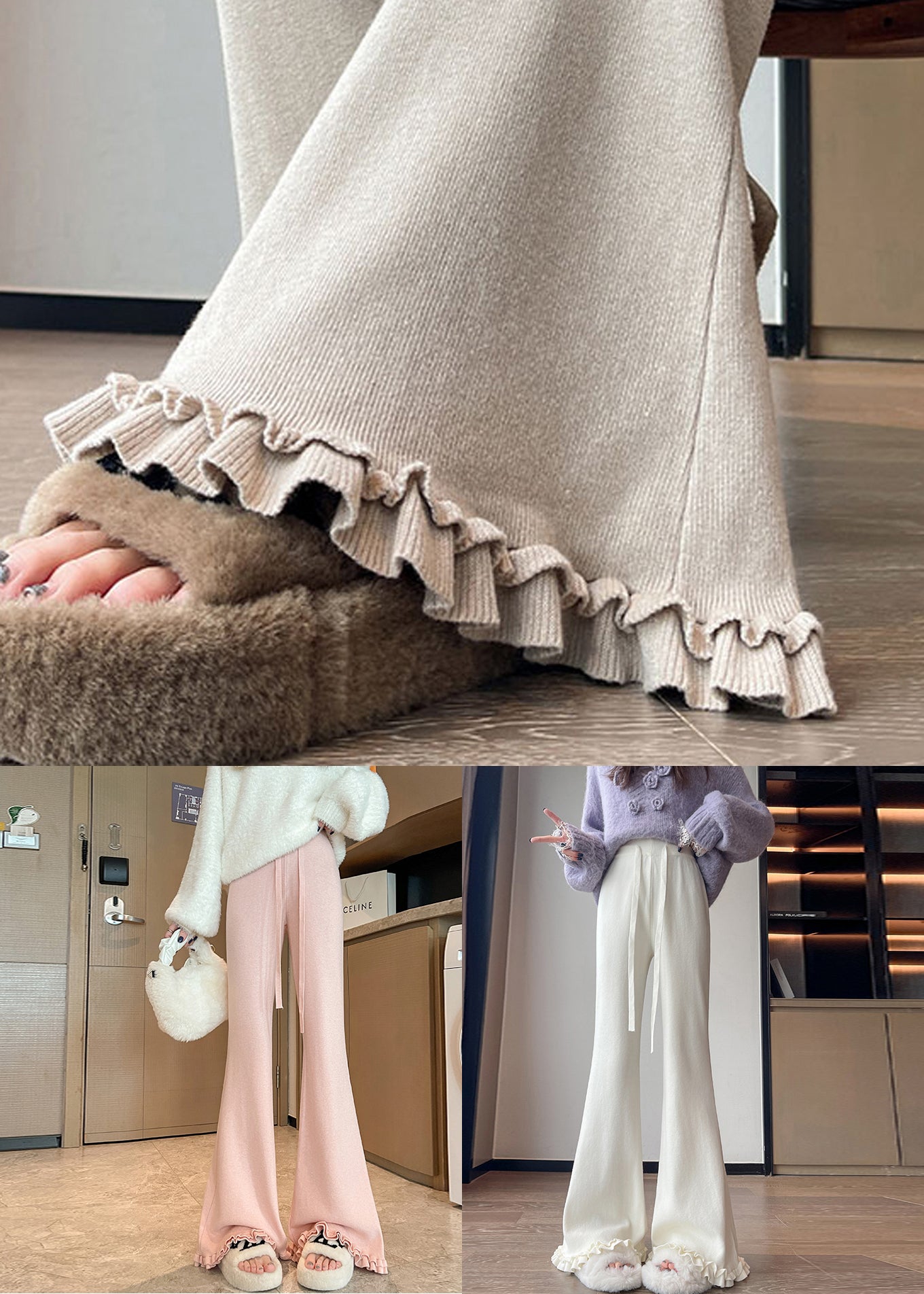 New Pink Solid Elastic Waist Knit Flared Trousers