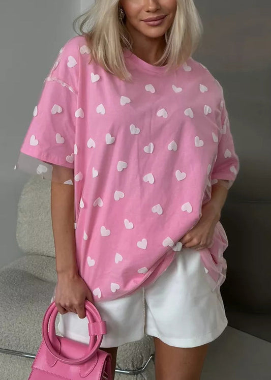 New Pink Tulle Patchwork T Shirt Short Sleeve