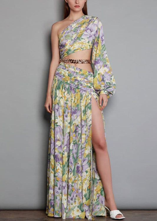 New Print One Shoulder Chain Linked Side Open Chiffon Long Dress Summer