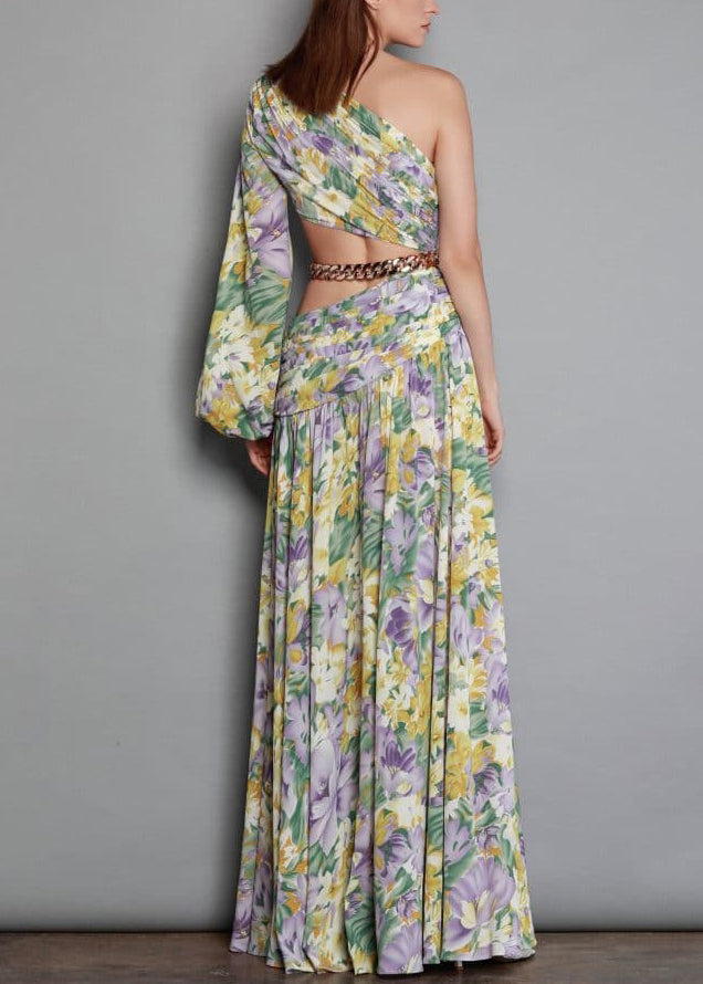 New Print One Shoulder Chain Linked Side Open Chiffon Long Dress Summer