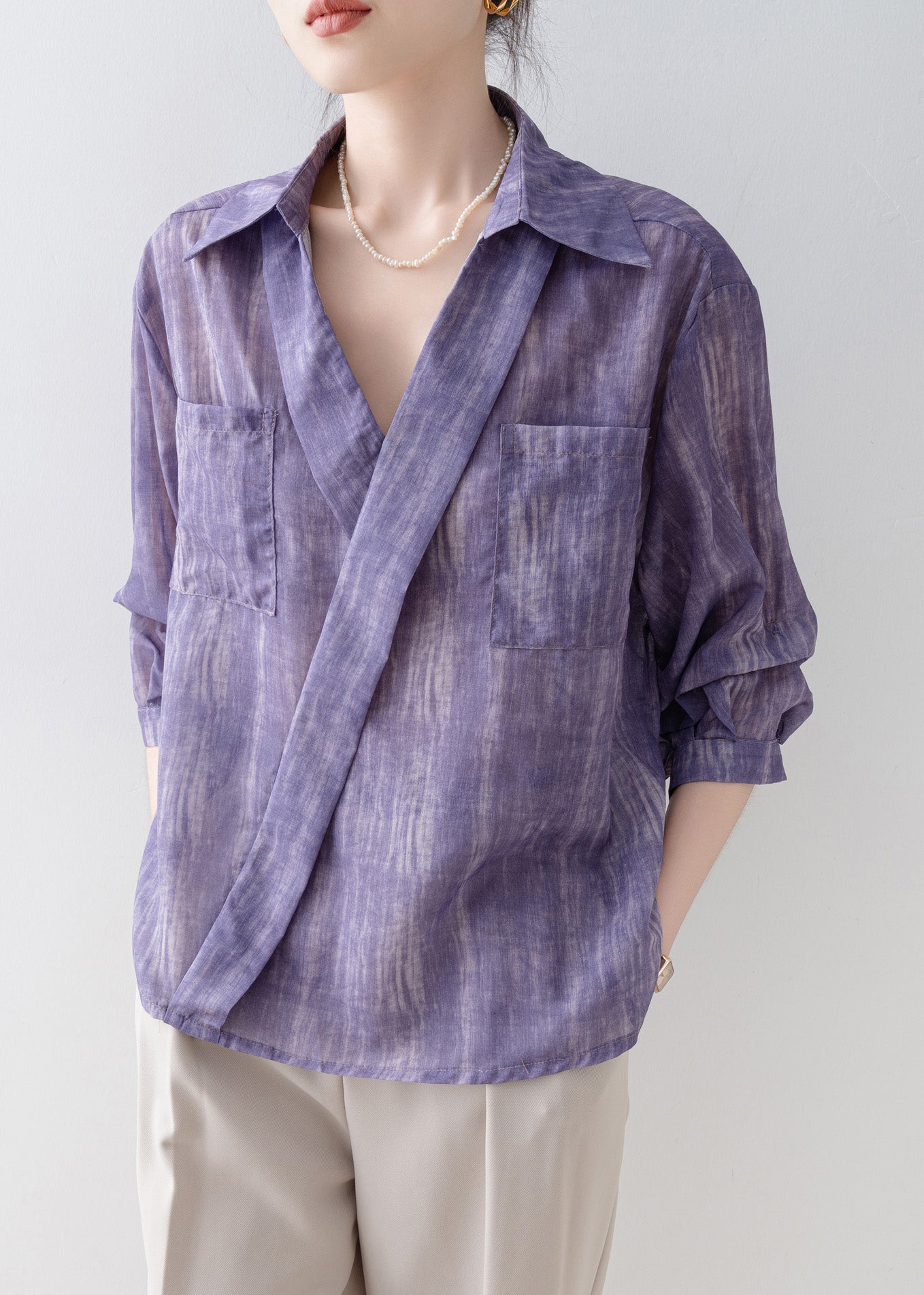 New Purple Peter Pan Collar Striped Pockets Cotton Shirts Summer