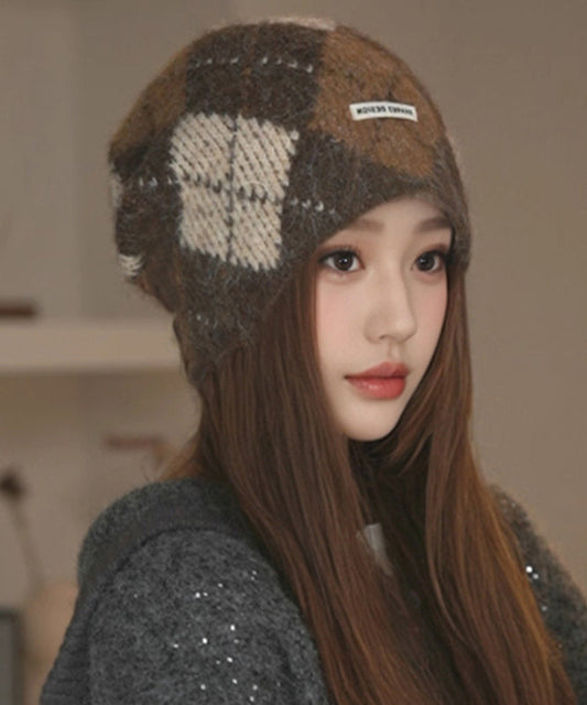 Neue lila karierte, kuschelige, warme Strickmütze Bonnie