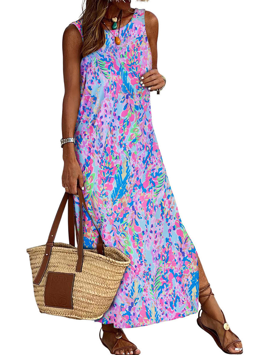 New Purple Print Side Open Cotton Maxi Dress Sleeveless