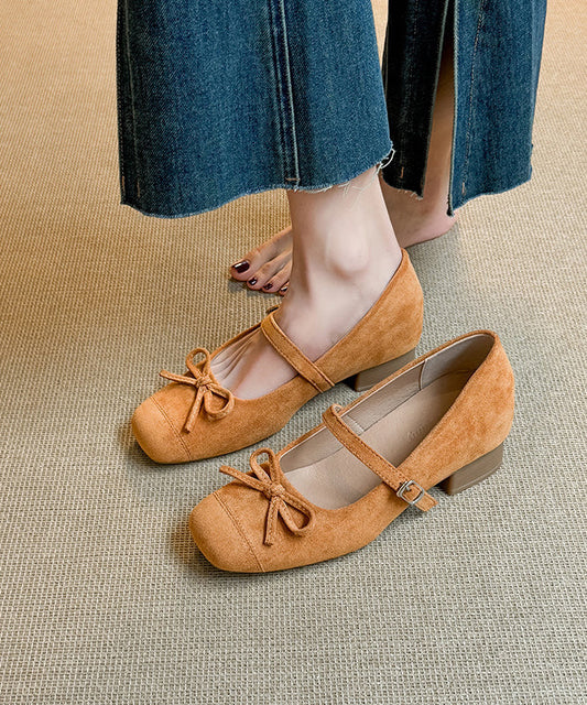 New Red Buckle Strap Bow Splicing Chunky Shoes Suede