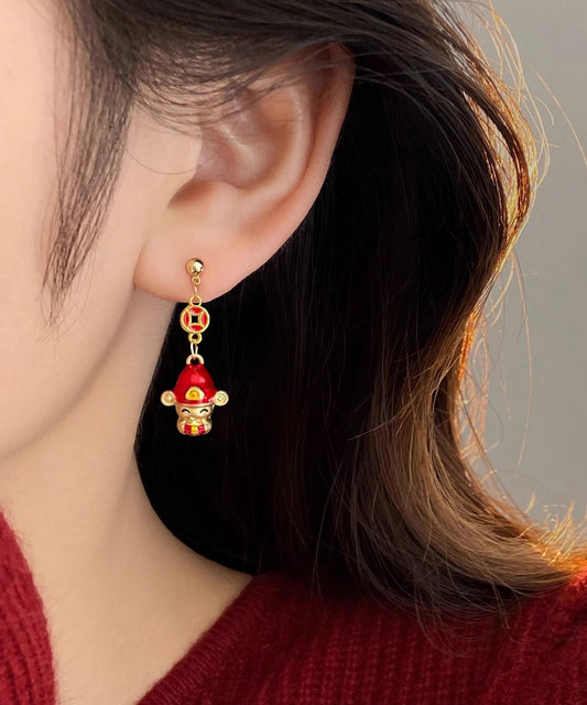 Neue rote Sterlingsilber-Ohrhänger mit vergoldetem Anhänger und dem Motiv „Gott des Reichtums“