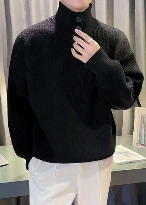 New Red Turtleneck Button Solid Knit Men Sweater Tops Winter